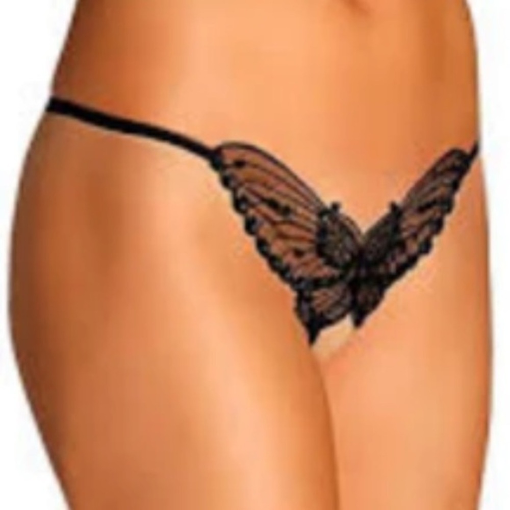 LEG AVENUE Black Butterfly Crotchless pantie With Pearl Sequin Detail - one size